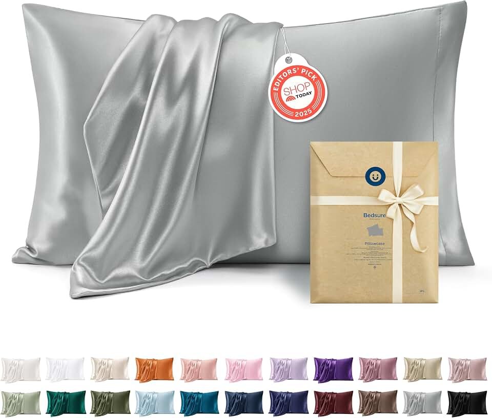 Bedsure Satin Pillowcase, Similar to Silk Pillow Cases Queen Size Set of 2, Cooling Pillow Case Covers with Envelope Closure, Room Decor Gifts for Women Men, Silver Grey, 20x30 Inches, 2pcs OEKO-TEX STANDARD 100