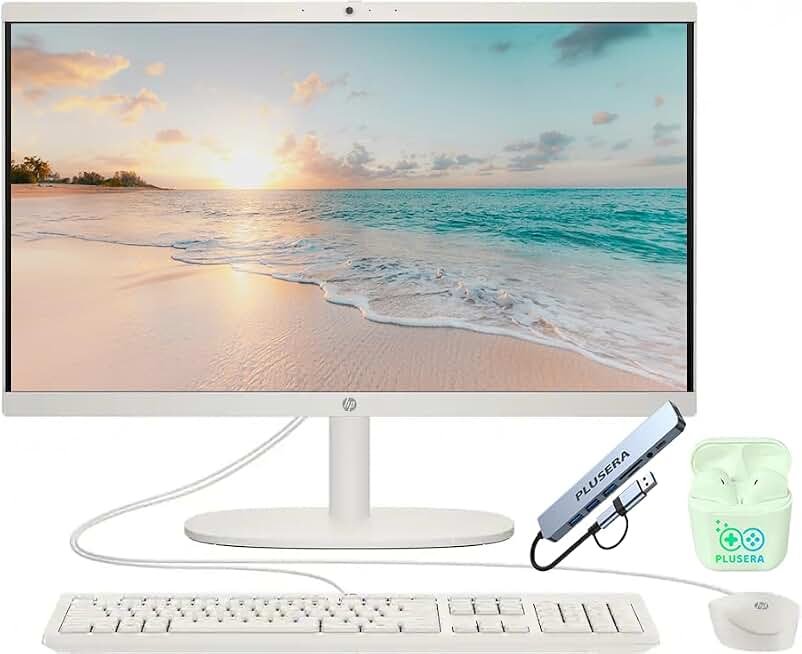 HP 21.5" FHD All-in-One Desktop Computer, 8GB DDR5 RAM 384GB Storage (128GB SSD + 256GB Docking Station Set), Quad-Cores Intel N100, Windows 11 & 8-in-1 Docking Hub, Keyboard & Mouse Included, White