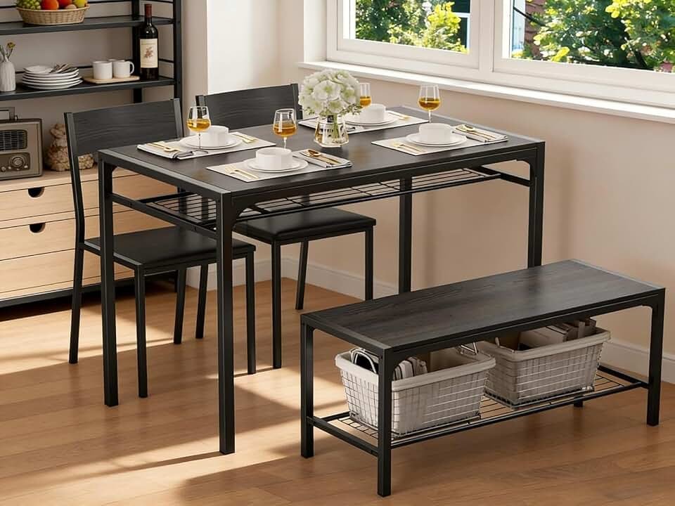 Gizoon 4-Piece Dining Table Set for 4, Kitchen Table with Bench Black | Space-saving black 4-piece dinette set with metal storage rack. Includes 2 ergonomic chairs and 1 bench. Easy to clean.