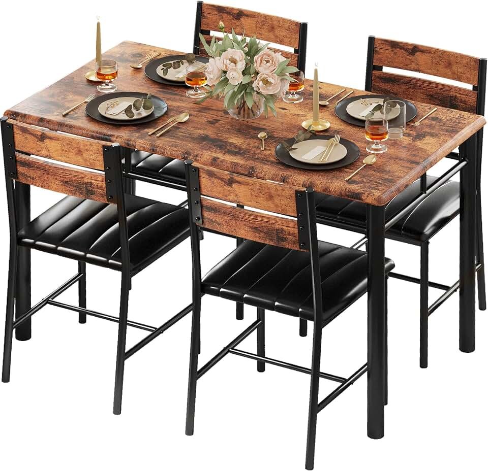 IRONCK Dining Table Set for 4, Rustic Brown | Wood Kitchen Table with Upholstered Chairs for Kitchen Room and Small Spaces The Forest Stewardship Council