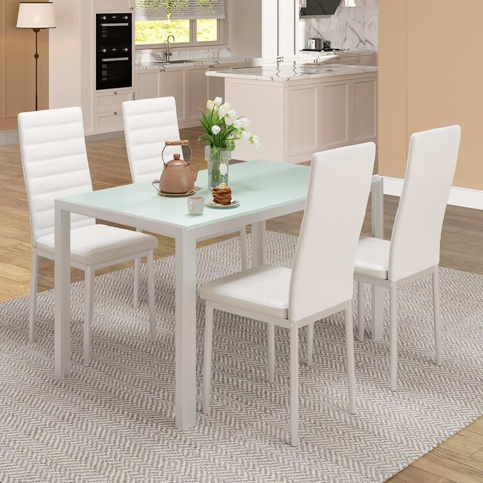 Bealife Kitchen Dining Table Set for 4, Tempered Glass 5 Piece - White | PU Leather Modern Dining Room Furniture, Space Saving Table and Chairs Set for Home, Kitchen, Living Room, Dining Room